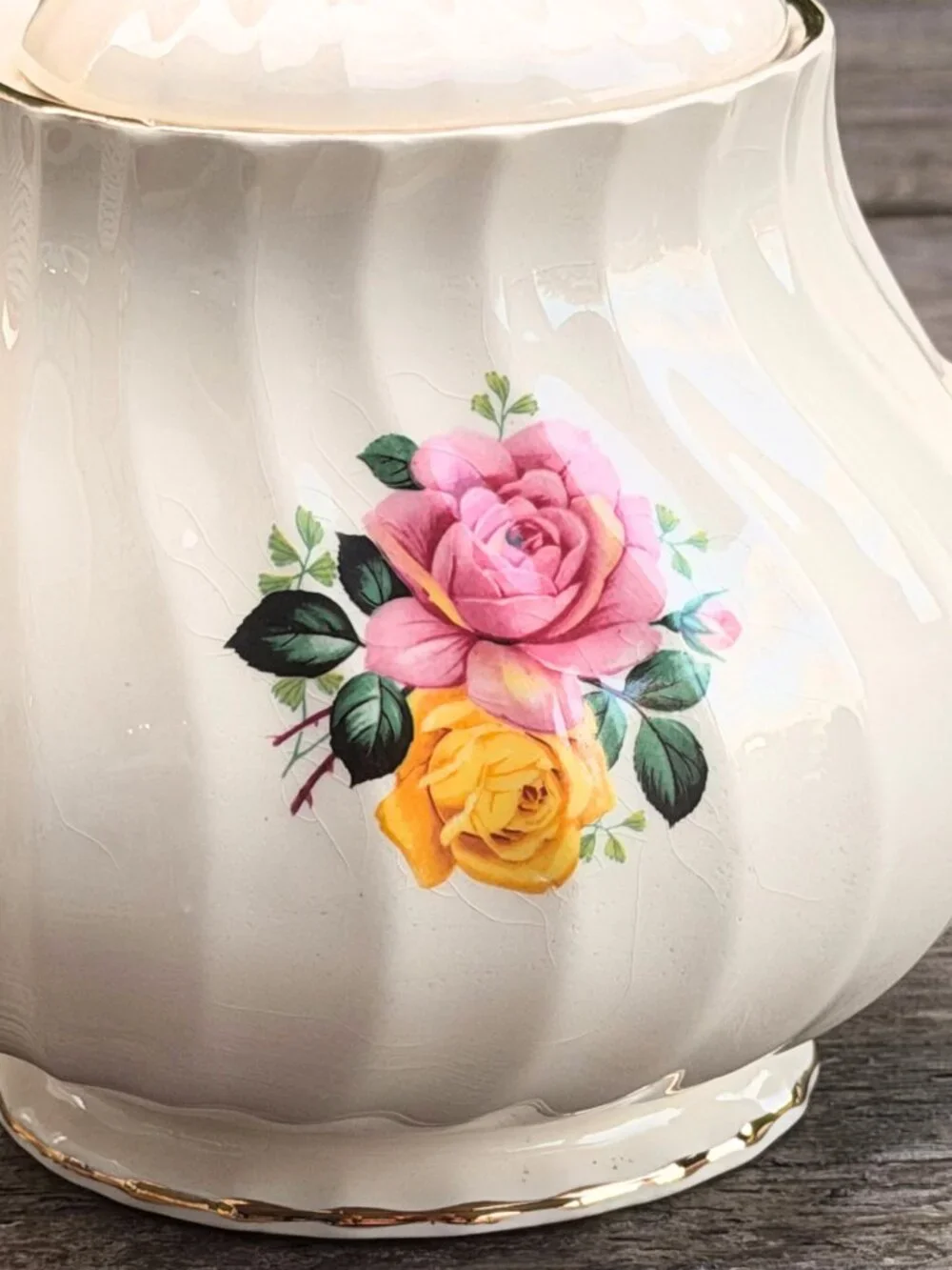 Vintage James Sadler Teapot Cabbage Rose Floral England Gold Trim Garden